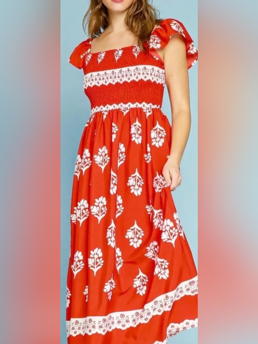 Umgee Tomato Red Floral Midi Dress with White Print
